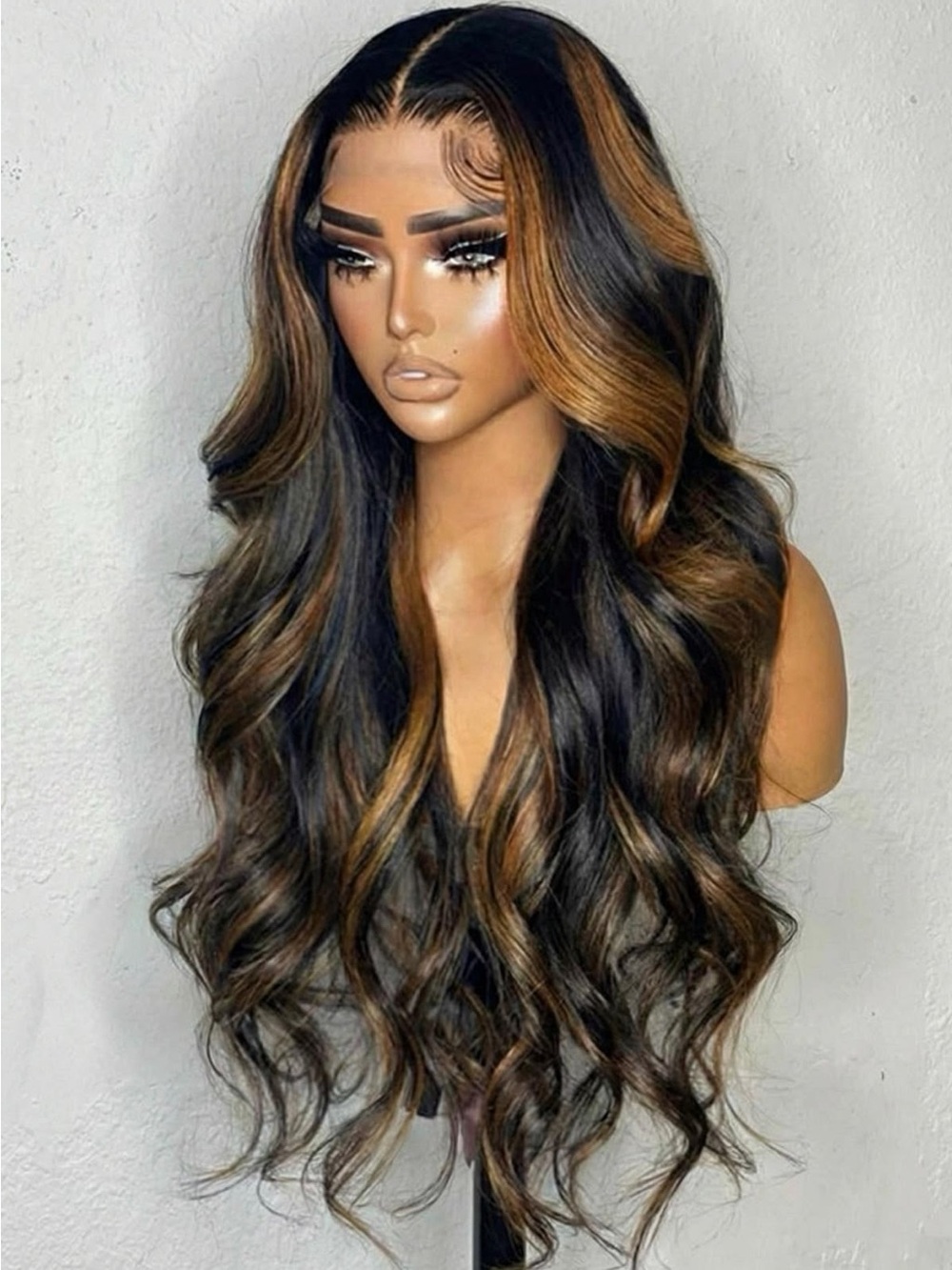 Hand-Tied Long Wavy Lace Front Wig - Black with Honey Brown Highlights